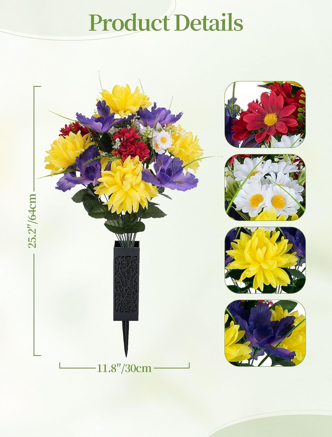 Artificial Memorial Flowers for Cemetery: 2 Pcs Cemetery Flowers for Grave Decorations - Realistic Yellow Mums Purple Iris Bouquets with Vases for Gravisite Outdoor - Image 6