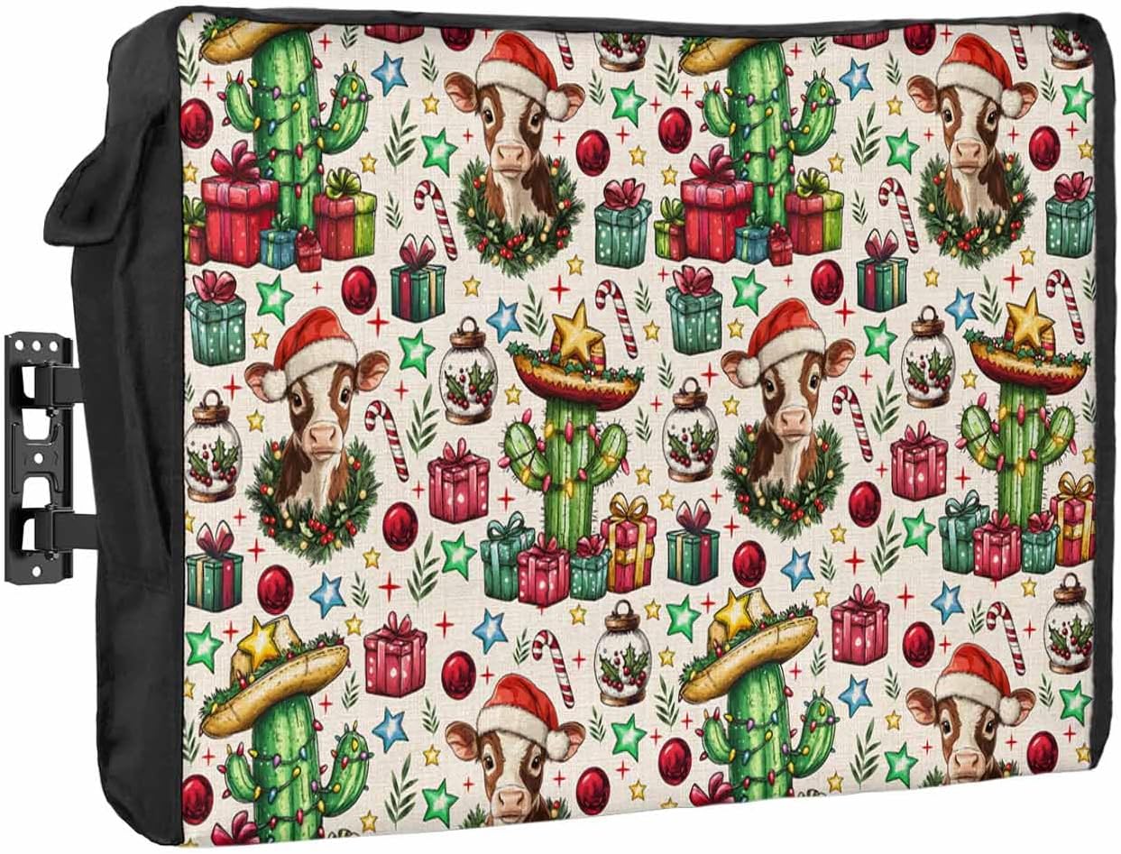 Christmas Cowboy White Outdoor TV Cover 60"-65" - 600D Waterproof TV Cover Weatherproof TV Screen Protector Dustproof Western Winter Xmas Candy Balls TV Display Protector for Outside Flat Screen TV