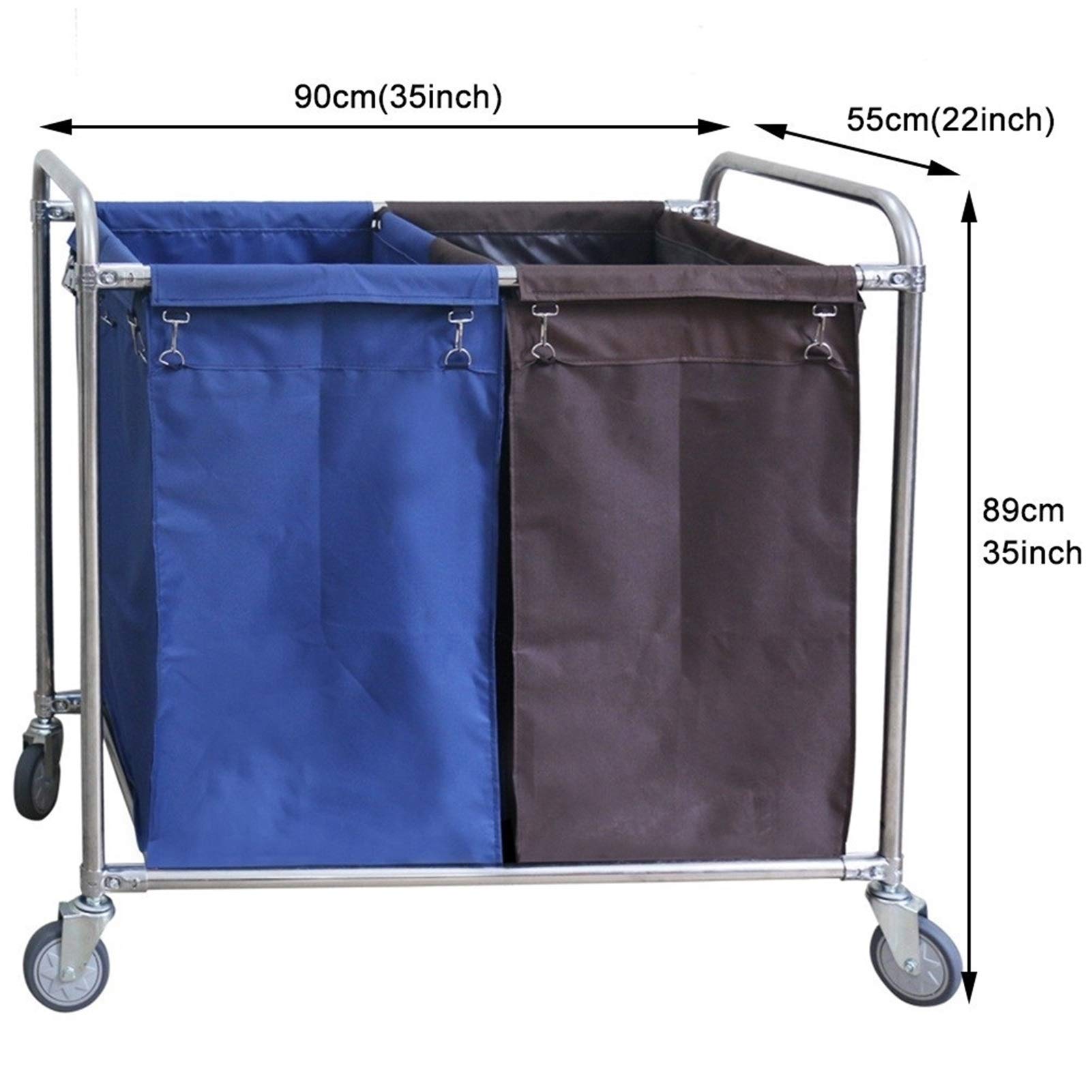 DFEDHF Movable Trolleys,Large Capacity Sorter Cart for Laundry Room/Hotel Room/Motel/Beauty - Stainless Steel Frame, 2 Removable Bags, Big Wheels