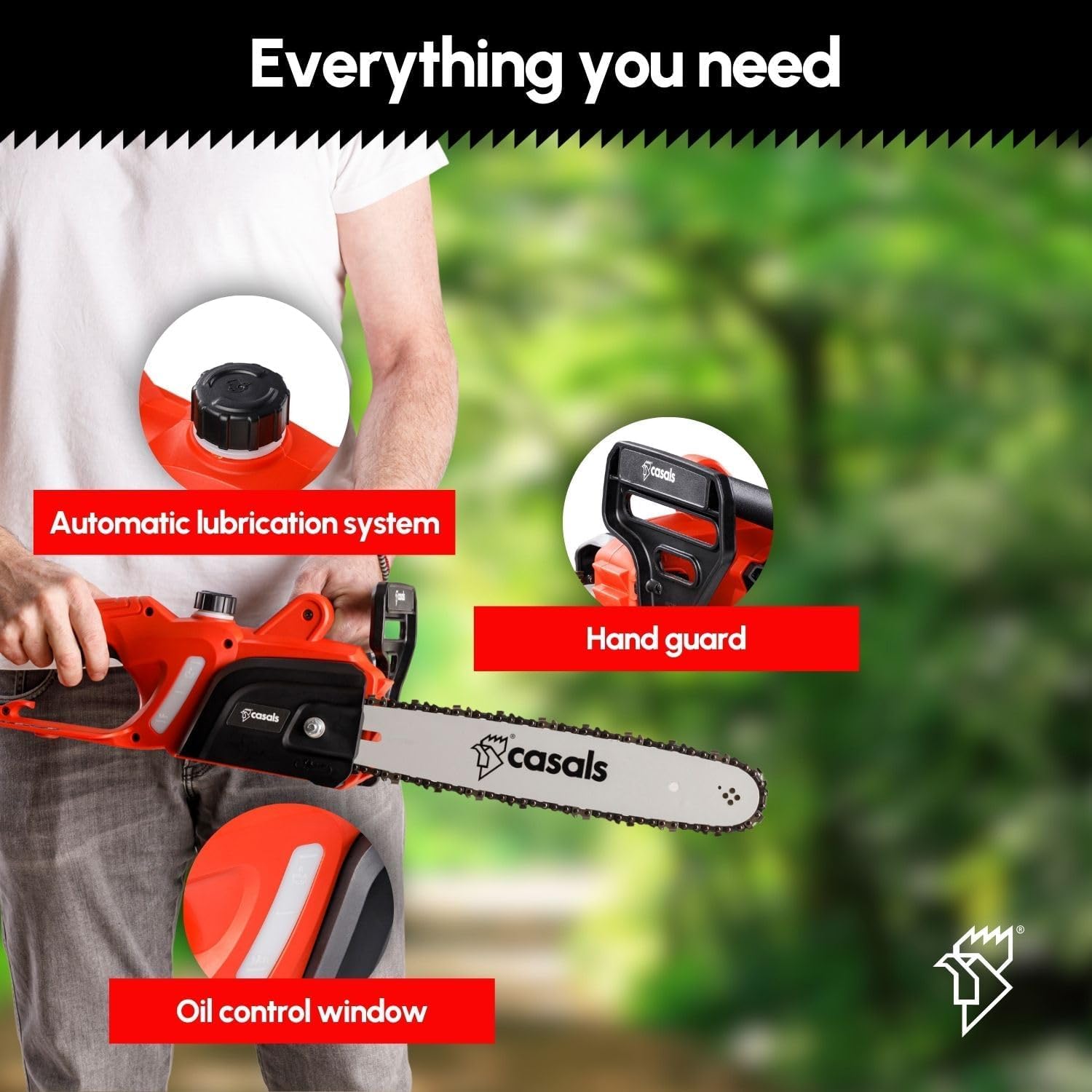 Casals - Motosierra Eléctrica Casals | 1400W Potencia | Corte Preciso de 35,5 cm | 6500 RPM | Ideal para Jardinería y Madera