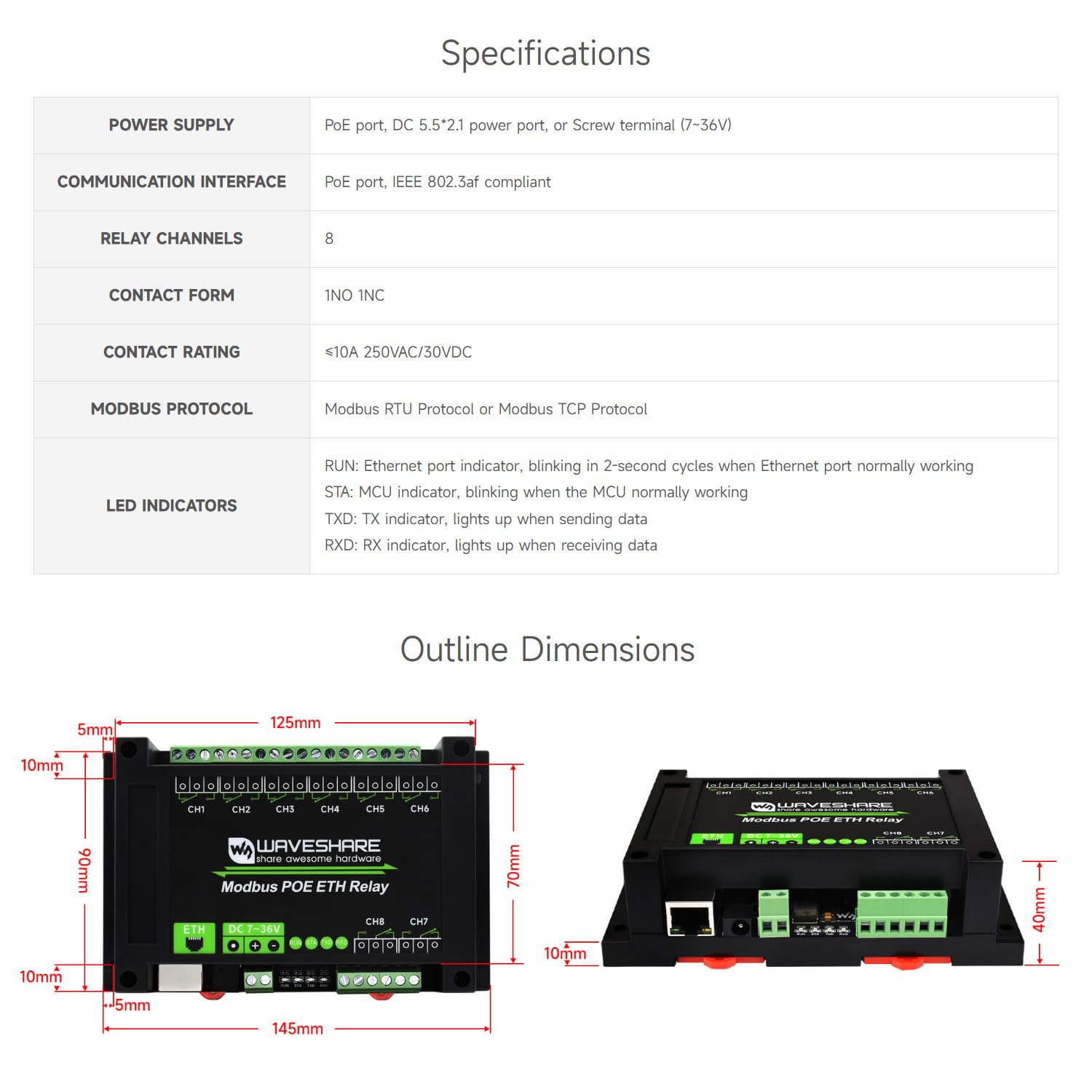 Waveshare 8-Ch Ethernet Relay Module, Modbus RTU/Modbus Transmission Control Protocol, PoE Port Communication, with Various Isolation and Protection Circuits, Industrial Grade Rail-Mount Case