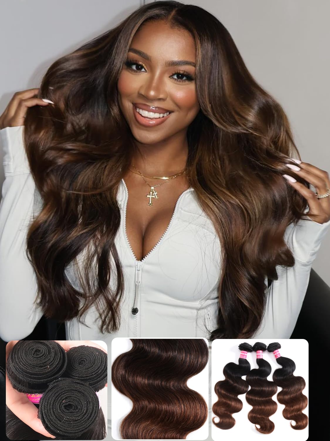 KLAIYI Ombre Brown Body Wave Bundles Human Hair Extensions with Dark Roots 100% Unprocessed Brazilian Real Virgin Hair Weaves Chestnut Brown Double Wefts for Wo