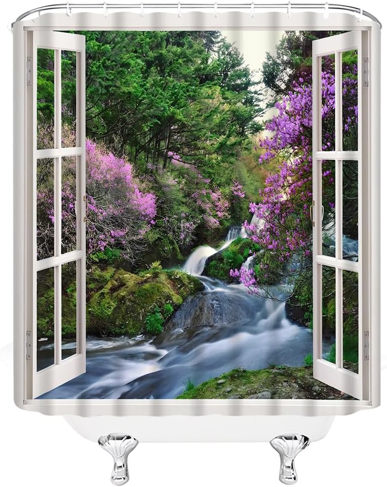 Waterfall Shower Curtain Nature Green Forest Pink Purple Floral Waterfall Landscape from White Window Bathroom Decor Fabric Curtain with Hooks