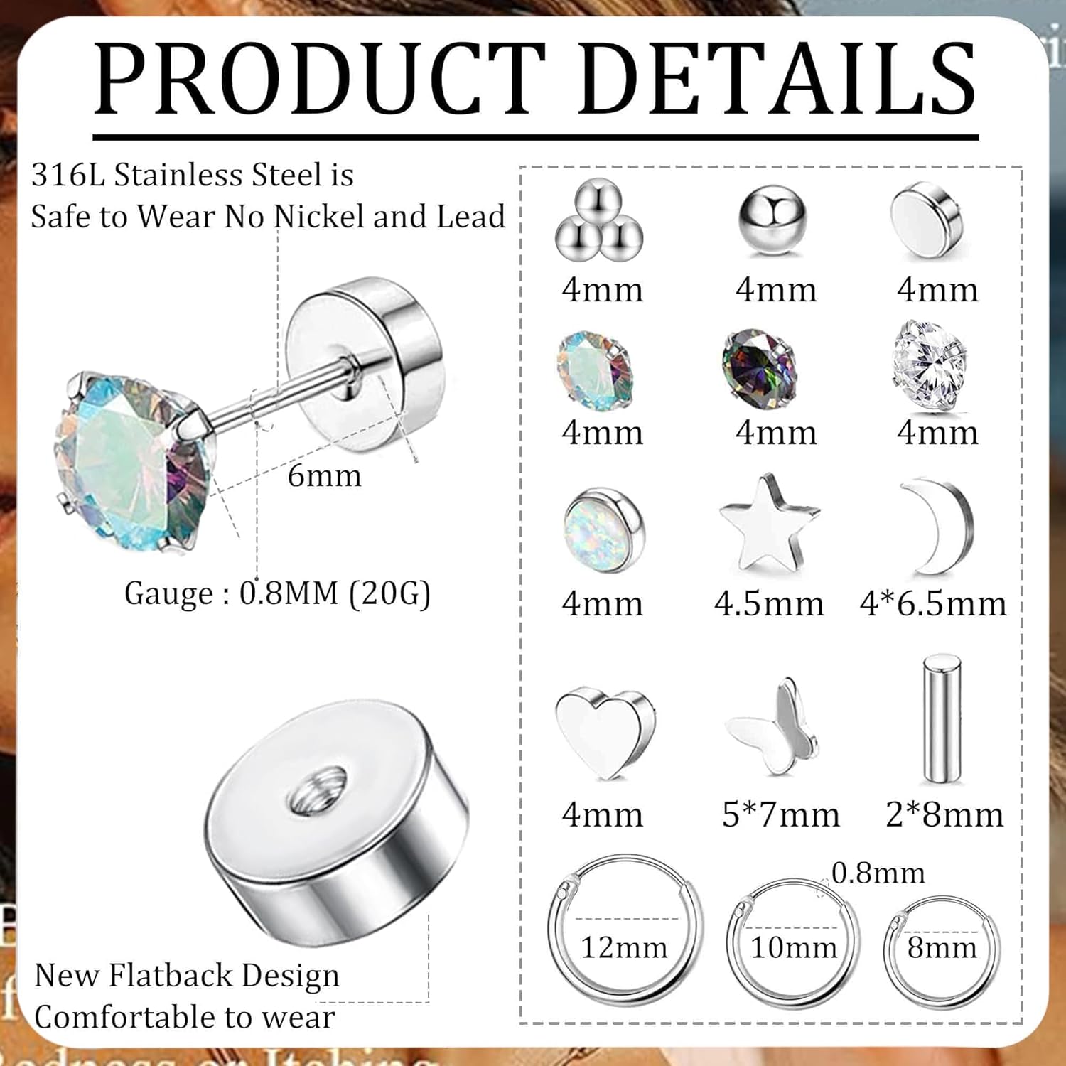 Cristina 15 Pairs Surgical Steel Earrings for Women Men Hypoallergenic Flat Back Earring Small Tiny Opal Ball Star CZ 20G Stud Hoop Earring Sets Flower Screw Back Cartilage Earring - Image 2