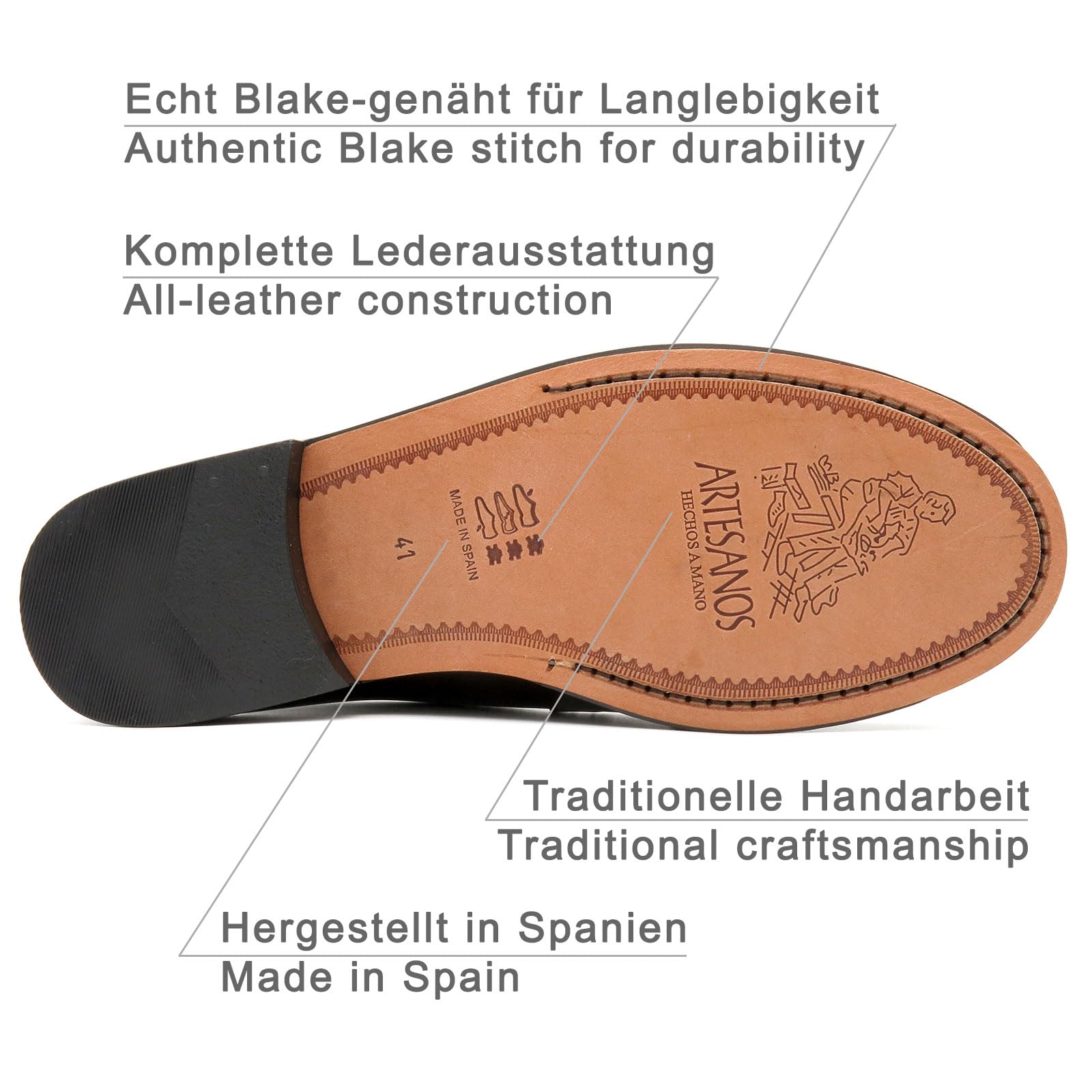 Made in Spain - Scarpe Mocassini Uomo Eleganti Penny-Loafer in Vera Pelle con Suola in Cuoio Cucito 800 Fatto in Spagna