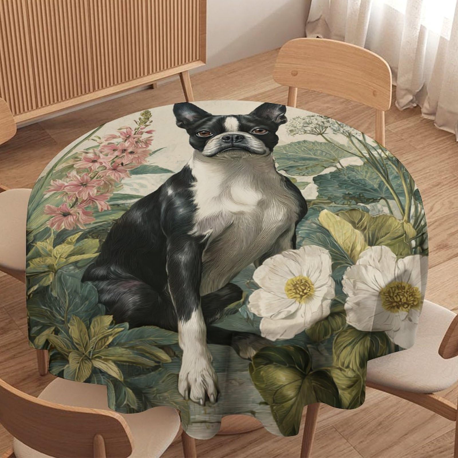LUYYSKY Rustic Watercolor Cute Dog Waterproof Round Tablecloth Mid Century Classic Spring Flowers Animal Puppies Butterflies Washable Table Cover for Kitchen-152.4" Wx152.4 L cm