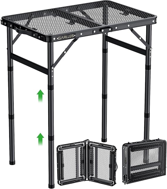 GARLLEN Foldable BBQ Table 58 x 40 cm and 3 Height Adjustable (26/48/70 cm) Lightweight and Portable Folding Table Camping Table Side Table Garden Table Picnic Table Small Grill Table for Camping (2 Compartments)