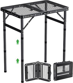 GARLLEN Foldable BBQ Table 58 x 40 cm and 3 Height Adjustable (26/48/70 cm) Lightweight and Portable Folding Table Camping Table Side Table Garden Table Picnic Table Small Grill Table for Camping (2 Compartments)
