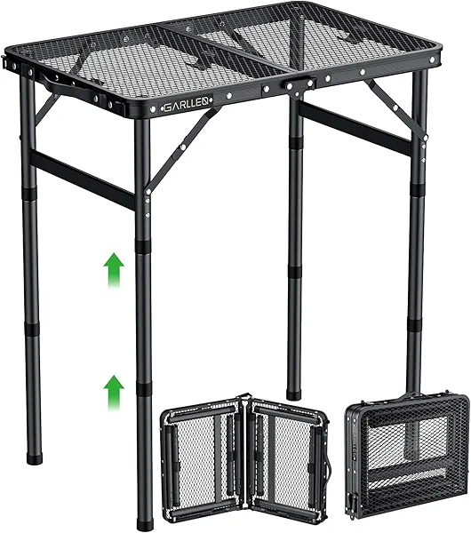 GARLLEN 2ft Folding Grill Table, 3 Adjustable Height Lightweight Camping Table with Heat-Resistant Mesh Desktop, Portable Aluminum Outdoor Tables for BBQ, Camping, Picnic, 22.8" L x 15.7" W, Black