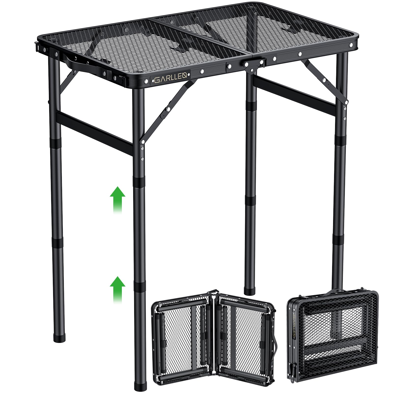 GARLLEN 2ft Folding Grill Table, 3 Adjustable Height Lightweight Camping Table with Heat-Resistant Mesh Desktop, Portable Aluminum Outdoor Tables for BBQ, Camping, Picnic, 22.8" L x 15.7" W, Black