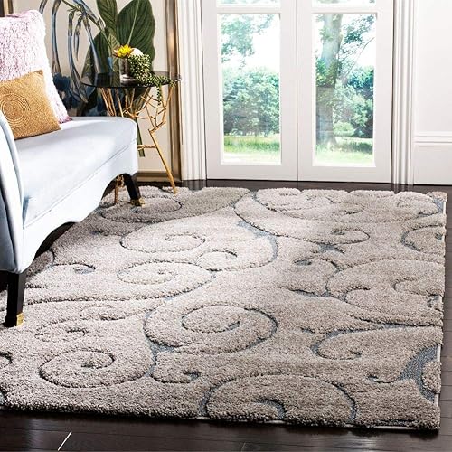 SAFAVIEH Florida Shag Collection 11' x 15' Grey/Light Blue SG455 Scrolling Vine Graceful Swirl Textured Non-Shedding Living Room Bedroom Dining Room Entryway Plush 1.2-inch Thick Area Rug
