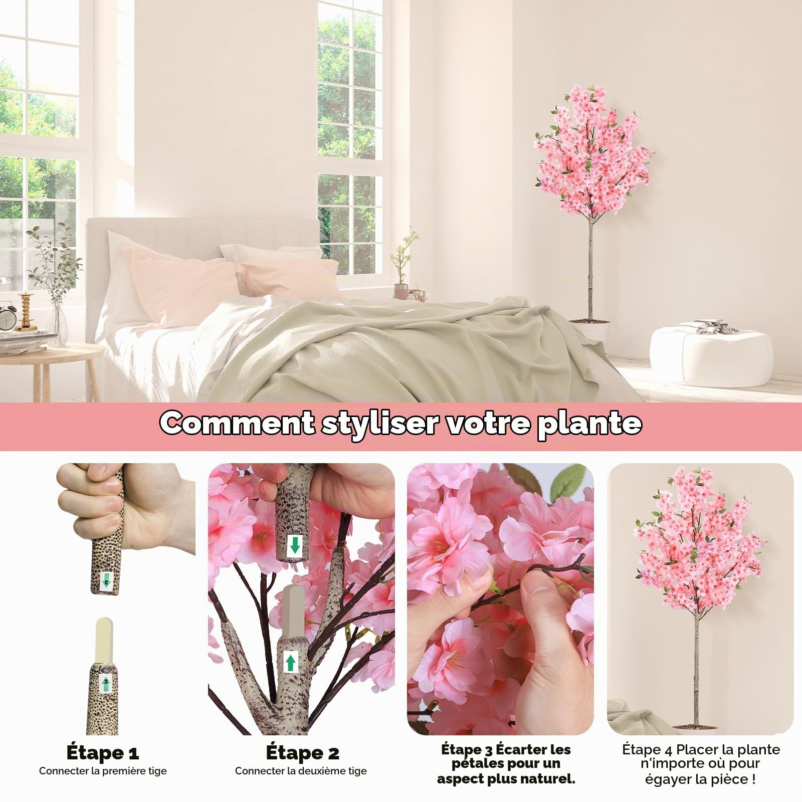Cerisier Japonais Artificiel Exterieur/Interieur 180cm - Arbre Artificiel Fleuri Haut de Gamme avec Pot en Ciment, Fleurs Artificielles Déco Realistes pour Jardin, Balcon, Salon, Bureau Rose