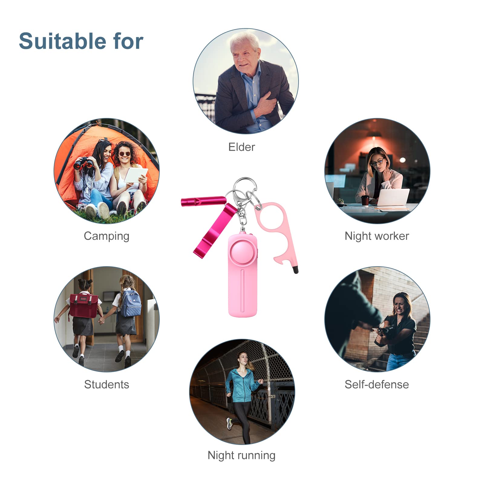 Lot de 4 alarmes personnelles avec alarme personnelle - Accessoires de porte-clés de sécurité pour femme, ensemble de porte-clés d'autodéfense avec alarme personnelle, rose