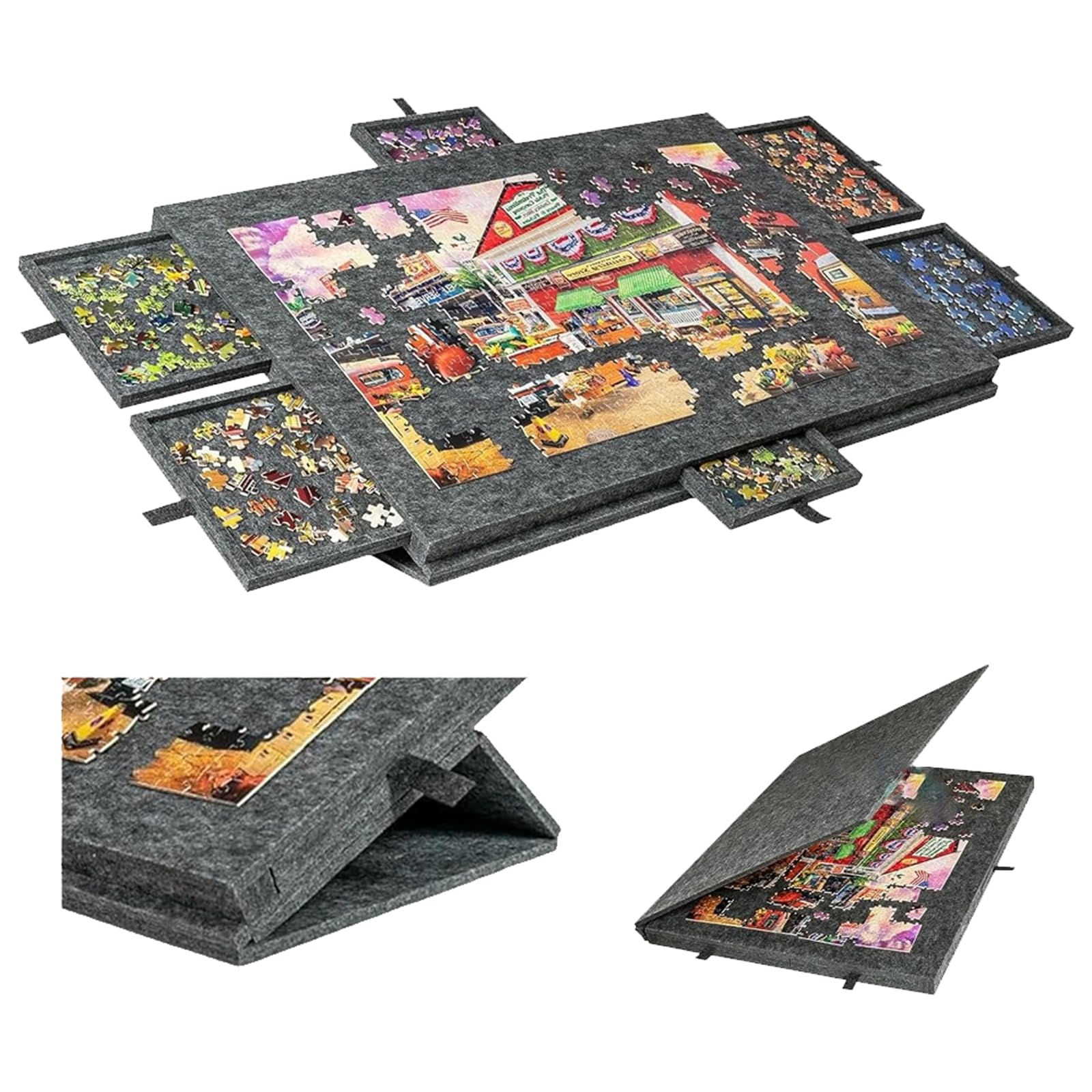 Deska do puzzli, stół z szufladami, nachylony blat z filcu, podkładka do przechowywania puzzli, antypoślizgowa powierzchnia, łatwe przechowywanie, dla hobbystów i kreatywnych zajęć