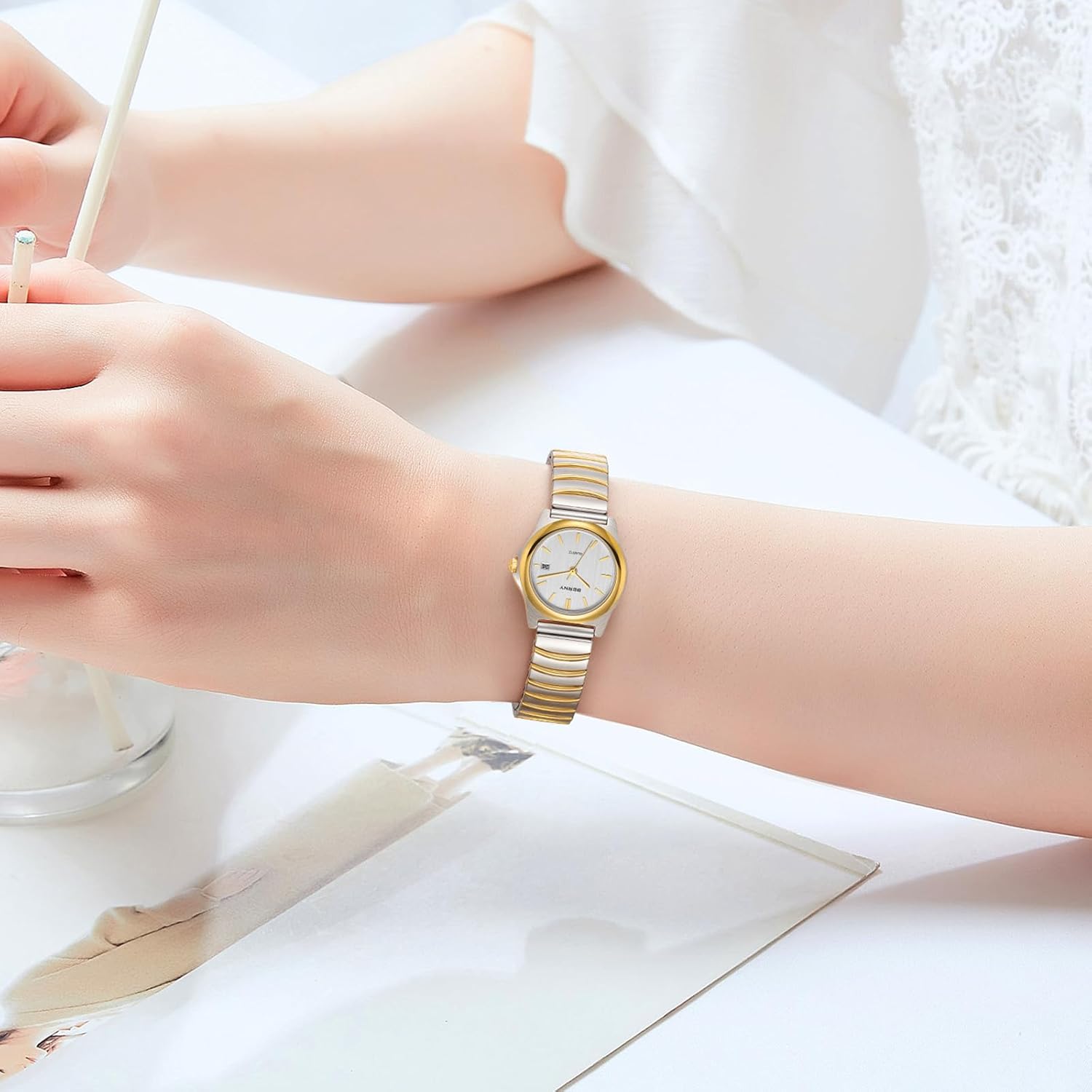 BERNY Dainty Watches for Women with Elastic Band Ladies' Analog Quartz Watch Ultra Thin Golden/Silver Two-Tone Stainless Steel Expansion Strap 3ATM Waterproof
