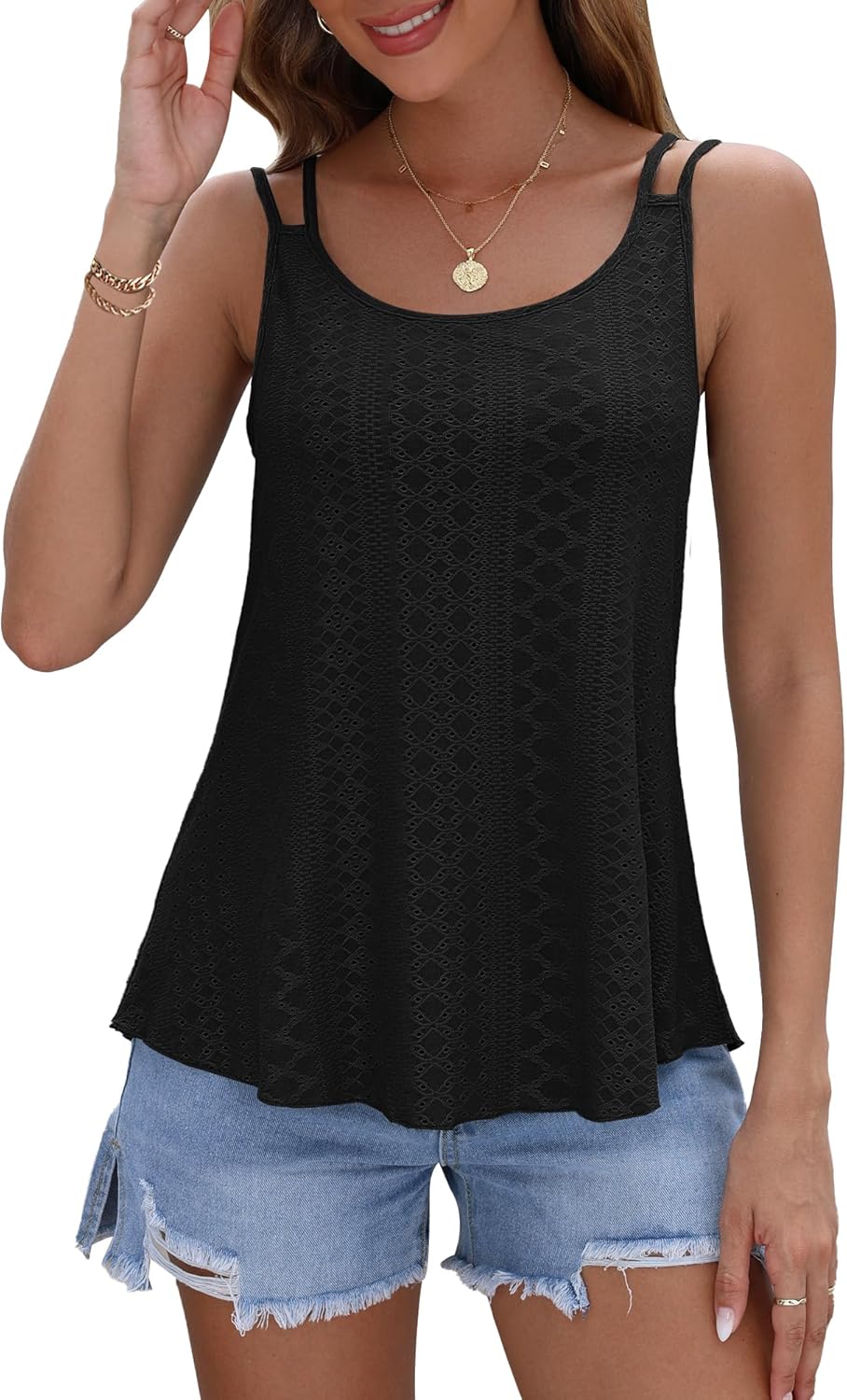 AUSELILY Womens 2026 Trendy Summer Tank Tops Casual Ladies Eyelet Embroidery Loose Fit Sleeveless Scoop Neck Hollow Camisoles - Image 3