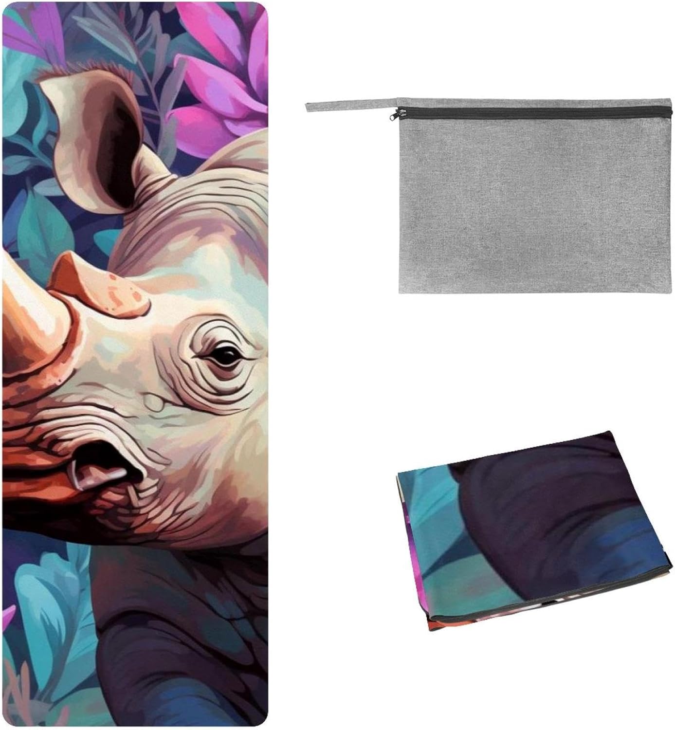Yoga Towel, Rhino Animal Print Non Slip Sweat Absorbent Hot Yoga Mat Towel for Hot Yoga, Pilates and Fitness - 72.8" x 26.8"