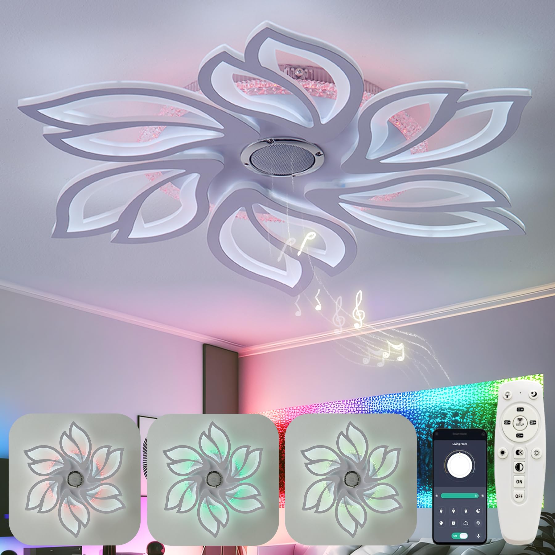 Rgb Ceiling Light With Built-In Speaker Sound Bedroom Ceiling Lamp Living Room LED Dimmable Ceiling Lighting With Remote Control Memory Function Modern Flower Ceiling Lights With APP Smart White Lamps