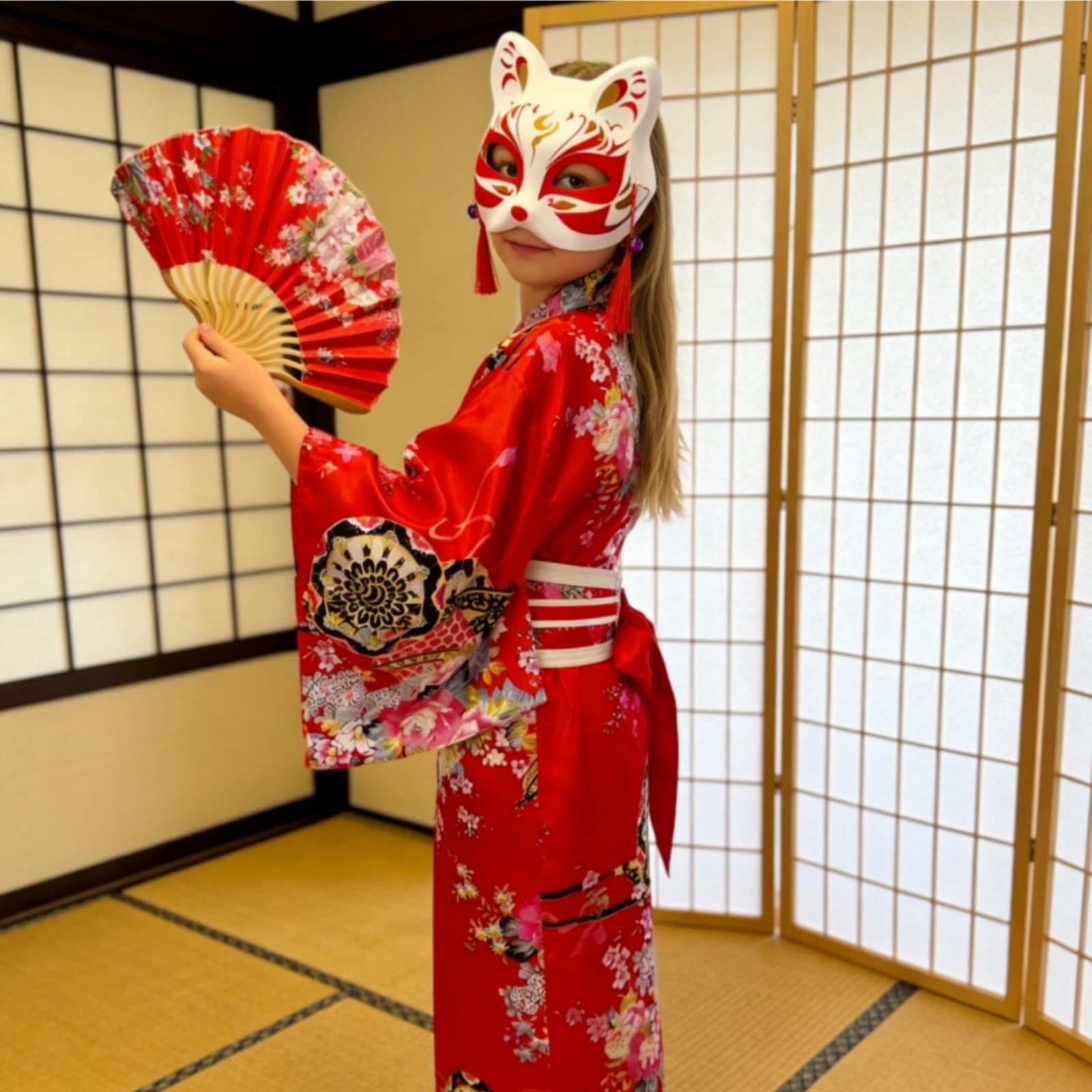 5 Piezas Disfraz Niña Kimono Japonés, Inspirado en Yukata, Traje Tradicional Set con Accesorios para Cosplay, Vestido de Festival Cultural Asiático
