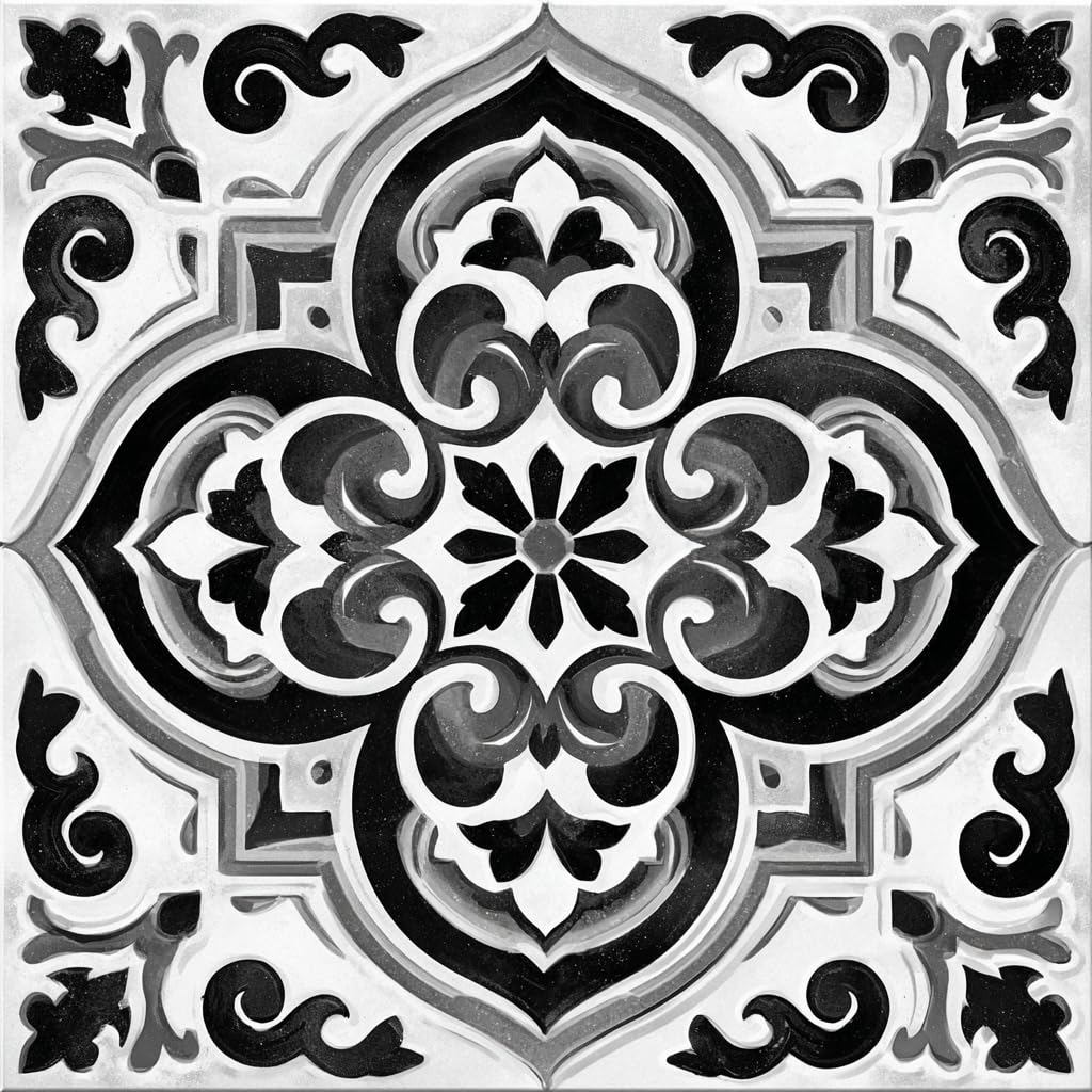 Floor Tiles Self Adhesive 12x12 Inch Black and White Peel and Stick Vinyl Flooring Planks Vintage Floral Pattern for Kitchen Bathroom Bedroom Living Room Home Renovation DIY Decor