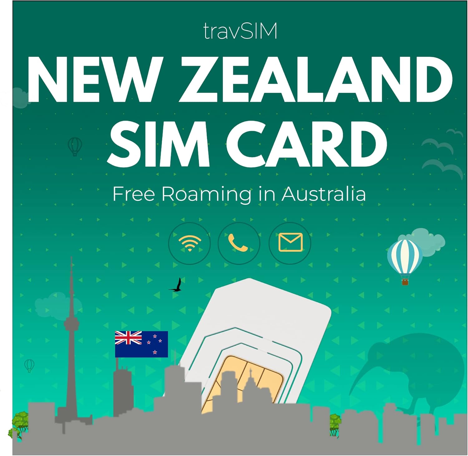 travSIM New Zealand SIM Card | 12GB Mobile Data at 4G/5G speeds | Free Roaming in Australia | Works on iOS & Android Devices | Plan on SIM Card for New Zealand is Valid for 30days