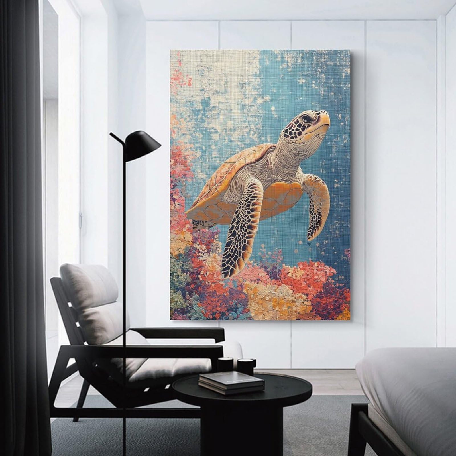 Junmoney Sea Turtle Swimming Over Coral Reef Wall Art Print, 20x30inch(50x75cm), for Living Spaces, Bedrooms Or Relaxed Rooms, Decorative Artwork for Empty Walls