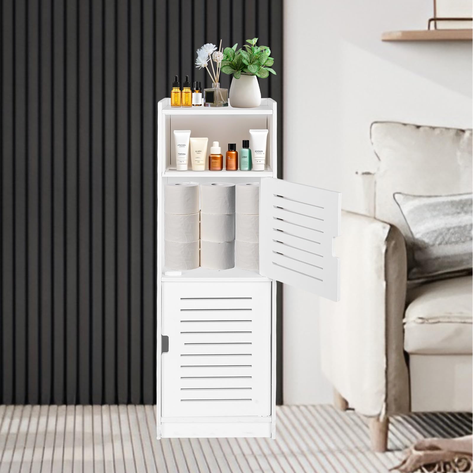 powerking 3 Nivel Baño Armario de Almacenamiento, Organizador Independiente con Puertas, Armario de Piso de Almacenamiento Blanco para Dormitorio, Aseo, Sala de Estar, Cocina, Balcón, Oficina