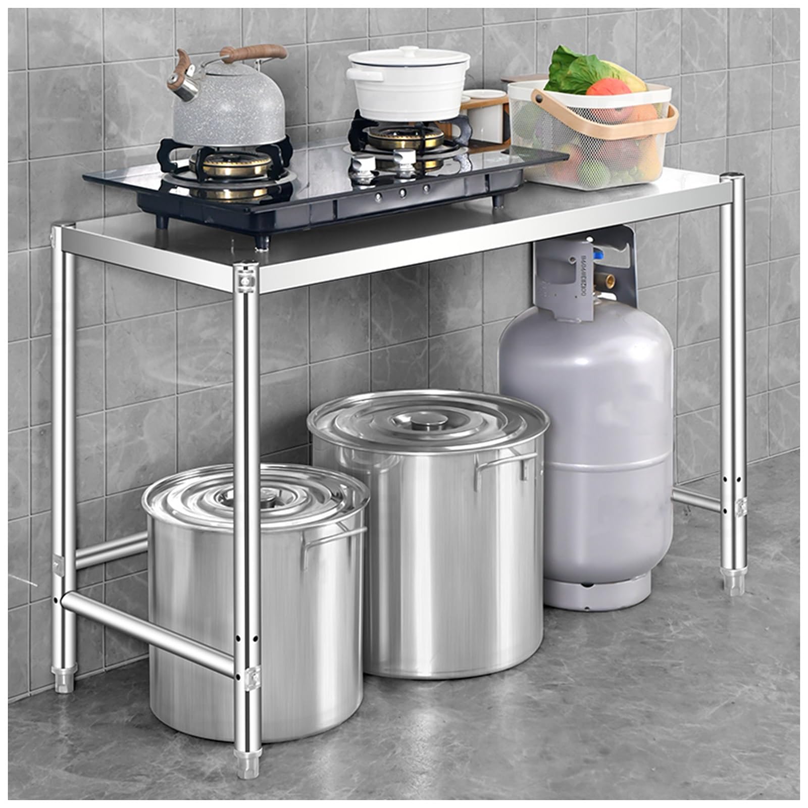 Mesa de preparación de cocina comercial de acero inoxidable, mesa de trabajo de metal de un solo nivel con fijación triangular con bisagras, estante de almacenamiento abierto resistente, estable y