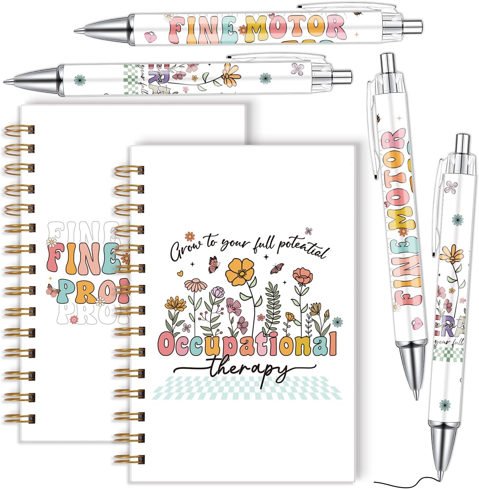 Occupational Therapy Gifts for Women - 6 Pcs OT Spiral Notebook Journal with Ballpoint Pens Flower Occupational Therapist Appreciation Gifts for Ot Student Therapists Psychology 5.5 x 8.3 Inch