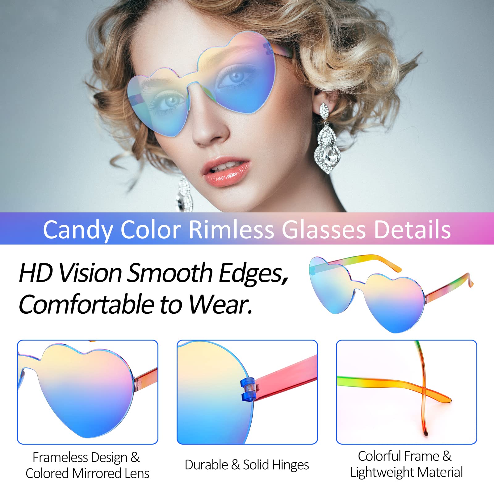 Hifot Colored Sunglasses Set, Heart Shaped Rimless Sunglasses + Rainbow Retro Sunglasses - Image 4
