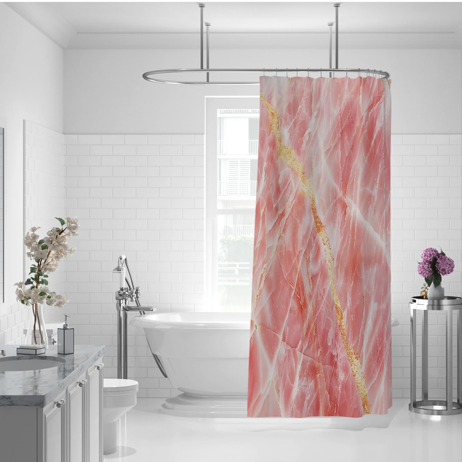 Elegance Cortina de Ducha Rosa Blanco Mármol Crepitante Ombre con Líneas Doradas Brillantes Forro de Cortina de Ducha con 12 Ganchos de Plástico 180x200