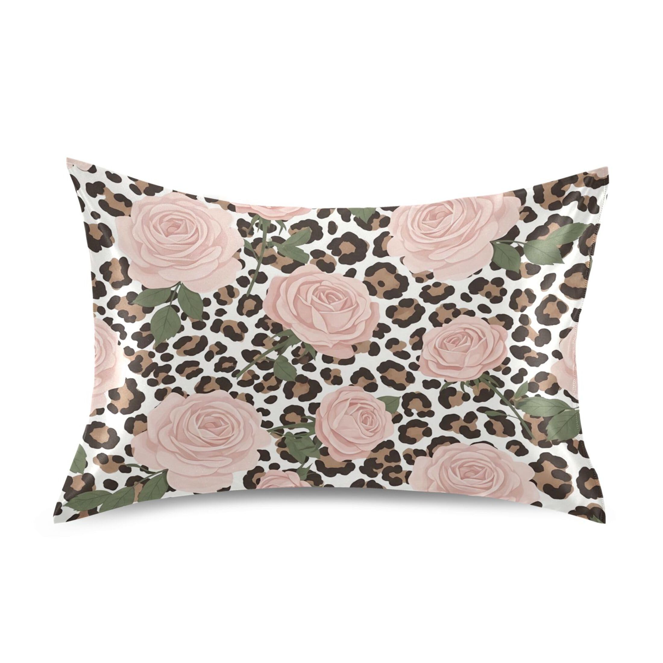Fuauuyl Pillowcase Standard Size 20x26 in, Roses Leopard Soft Breathable Satin Pillow Case for Hair and Skin with Envelope Closure Wrinkle-Free