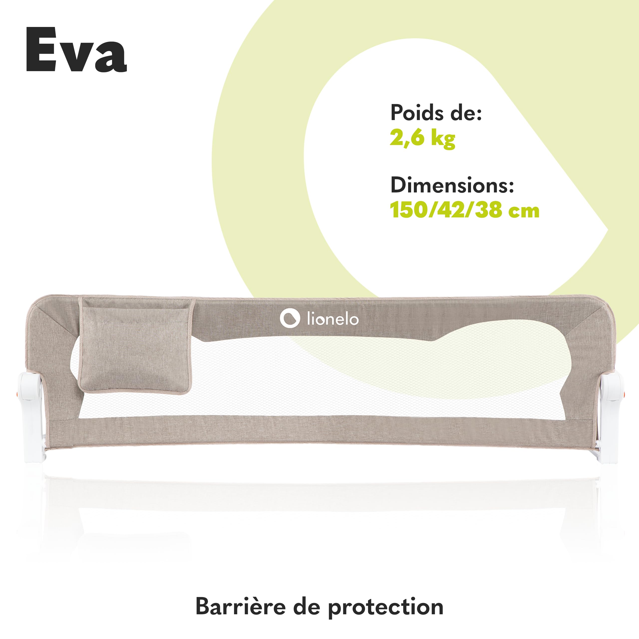 Lionelo Eva Barrière de Lit 150cm x 42cm Pliage 180° Anti-Chute Ceintures Sécurité Cadre Métal Pliable Beige