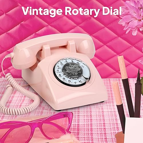 Miniatura 3 de Sangyn Teléfonos fijos rotativos retro rosa con timbre mecánico, control de volumen, redireccional, no requiere alimentación de CA, teléfonos con