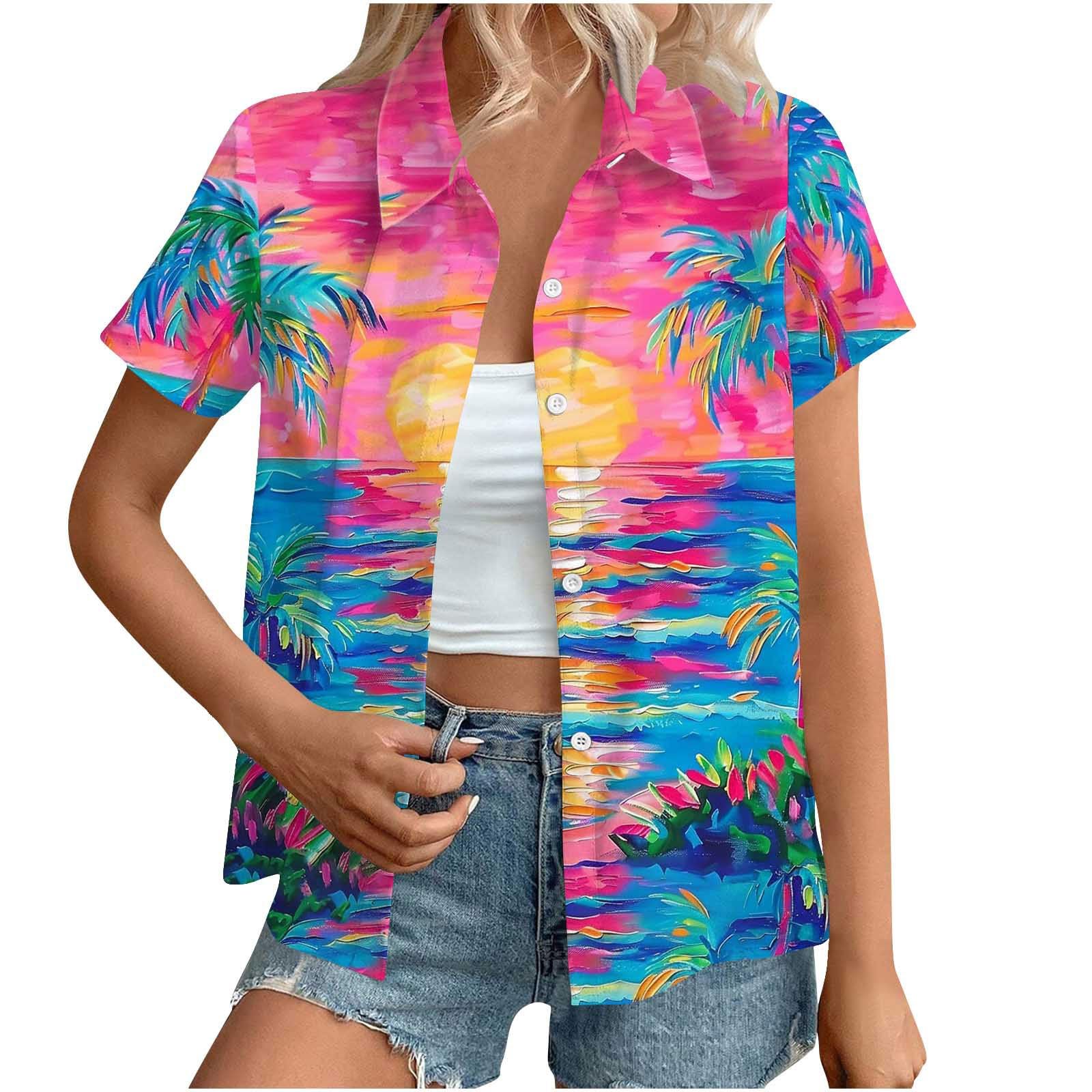 Hawaiian Button Down Shirts Women Sale,Summer Floral Printed Short Sleeve Blouses 2025 Trendy Loose Lapel Soft Cool Beach Vacation Tops Boho Going Out Tunic Tees Pullovers Plus Size S-XXL