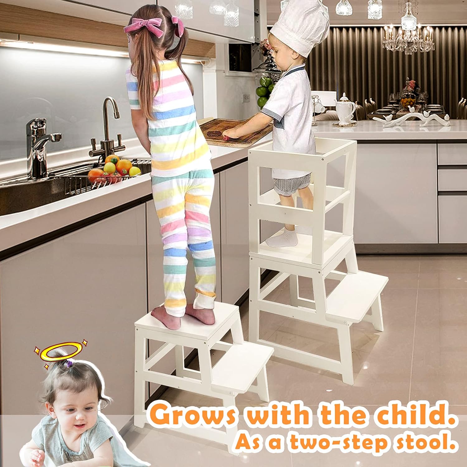 WOOD CITY Kitchen Stool Helper for Kids with Non-Slip Mat, Toddler Stool Tower for Learning, Wooden Toddler Stepping Stool for Counter & Bathroom Sink(White : Baby