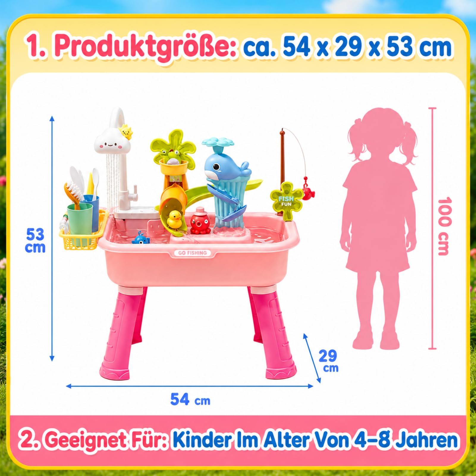 4-in-1 Spielspüle - Wassertisch Mit Pumpe Und Fließendem Wasser | Sand Und Wasser Spielzeug | Angelspiel Vergnügen | Für Kinder 4-8 Jahre Garten Terrasse Badezimmer
