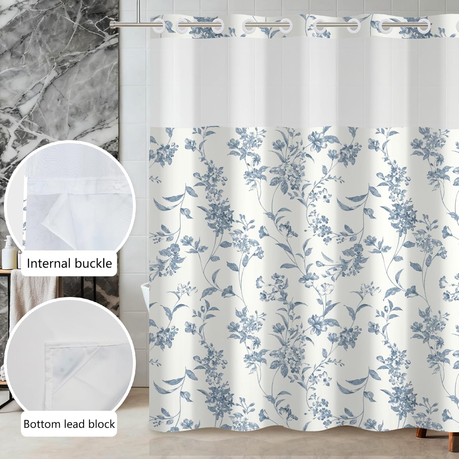 No Hook Flower Shower Curtain with Snap in Liner - 71 x 74Inch Blue Floral Botanical Waterproof Bath Curtain with Mesh Top Window for Modern Farmhouse Bathroom