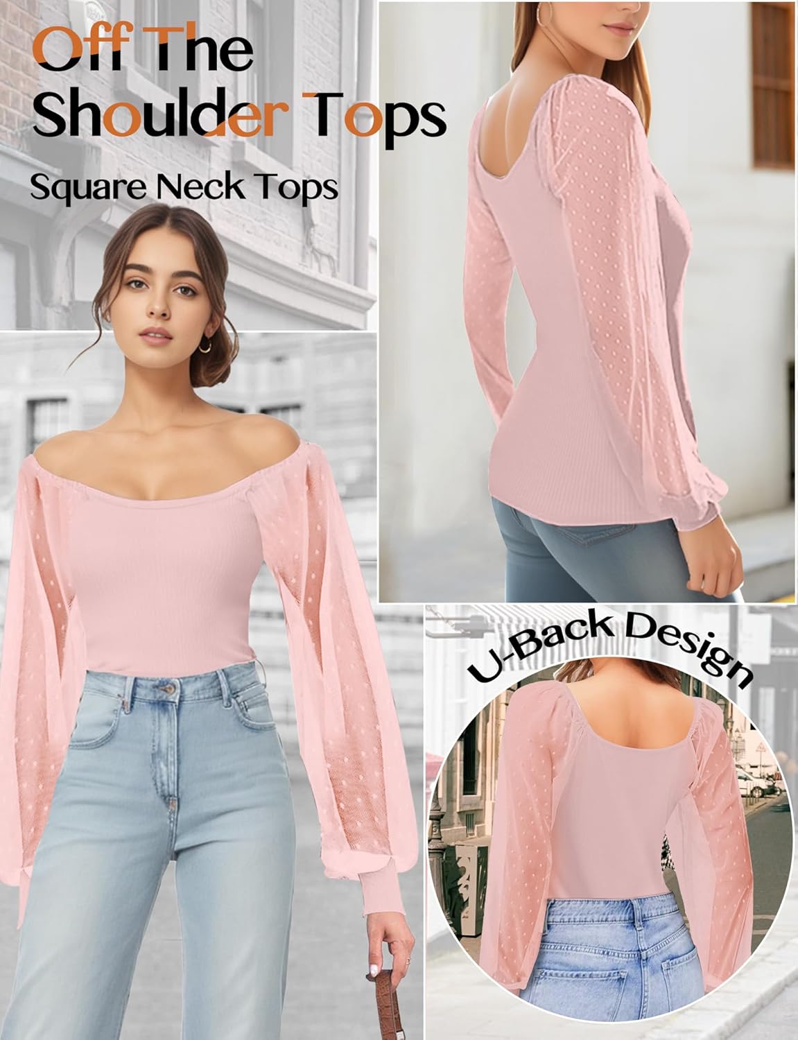Womens Mesh Long Sleeve Shirts Dressy Tops, Casual Puff Sleeve Blouses Shirts for Women, Scoop Neck Casual Blouses Fall Tunic Tops (Pink, L) - Image 3