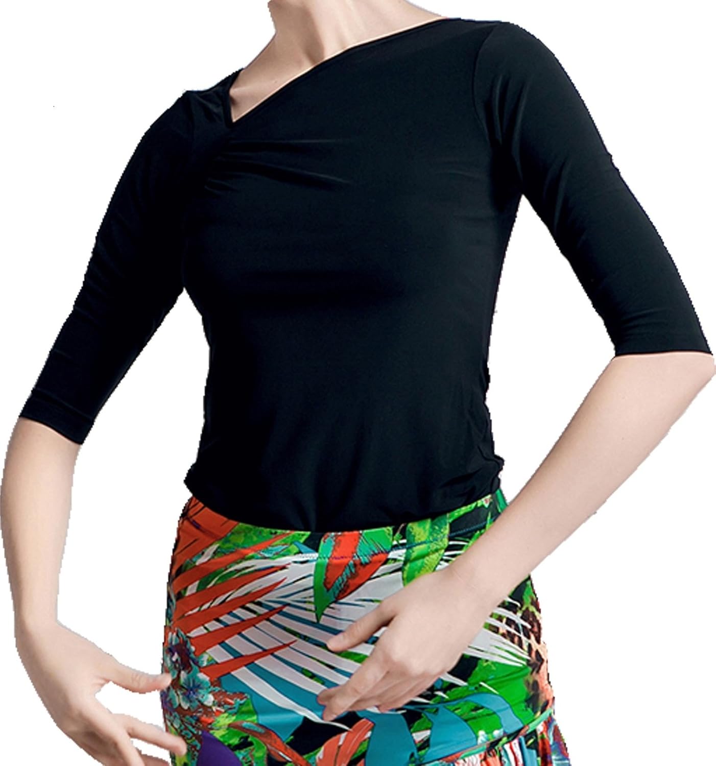 Black Short Sleeves Latin Ballroom Salsa Chacha Practice Dance Shirt Tops