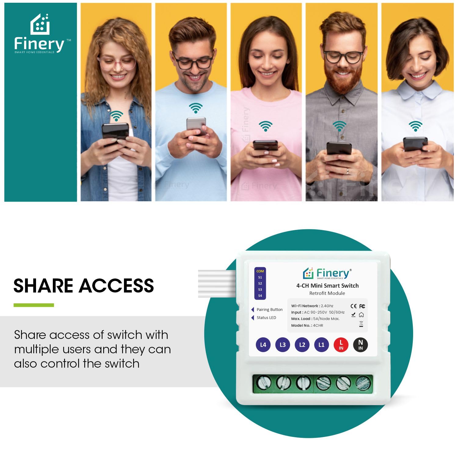 Finery 4 Node WiFi Smart Switch Retrofit Kit Supports Manual switches Compatible with Alexa & Google Home iOS and Android Smart Life app (4 Node/Gang) 1