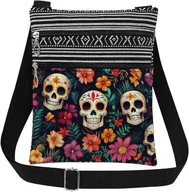 Sugar Skull Floral Print Crossbody Bag Day of The Dead Adjustable Strap Purse for Women & Men Messenger Bag, Gift for Sister Best Friend, Unique Birthday Holiday Present Idea