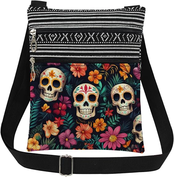 Sugar Skull Floral Print Crossbody Bag Day of The Dead Gift