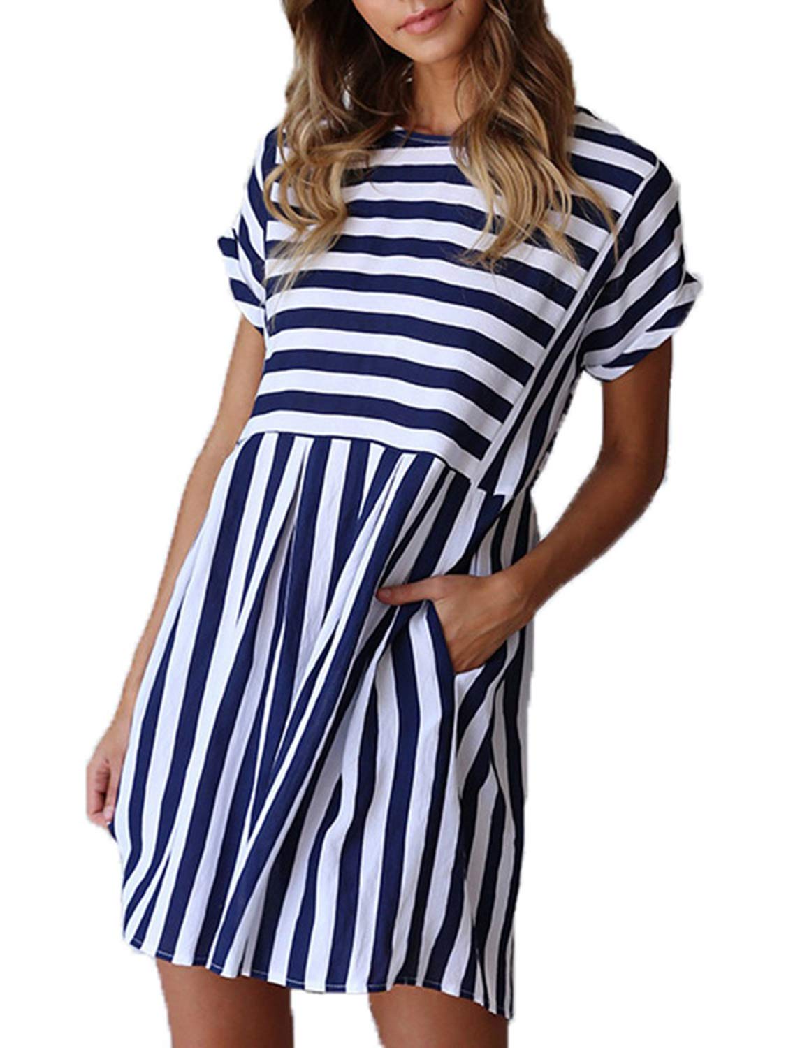 Naggoo Women's Short Sleeve Summer Mini Dress Casual Swing Aline Boho Floral T-Shirt Dresses with Pockets