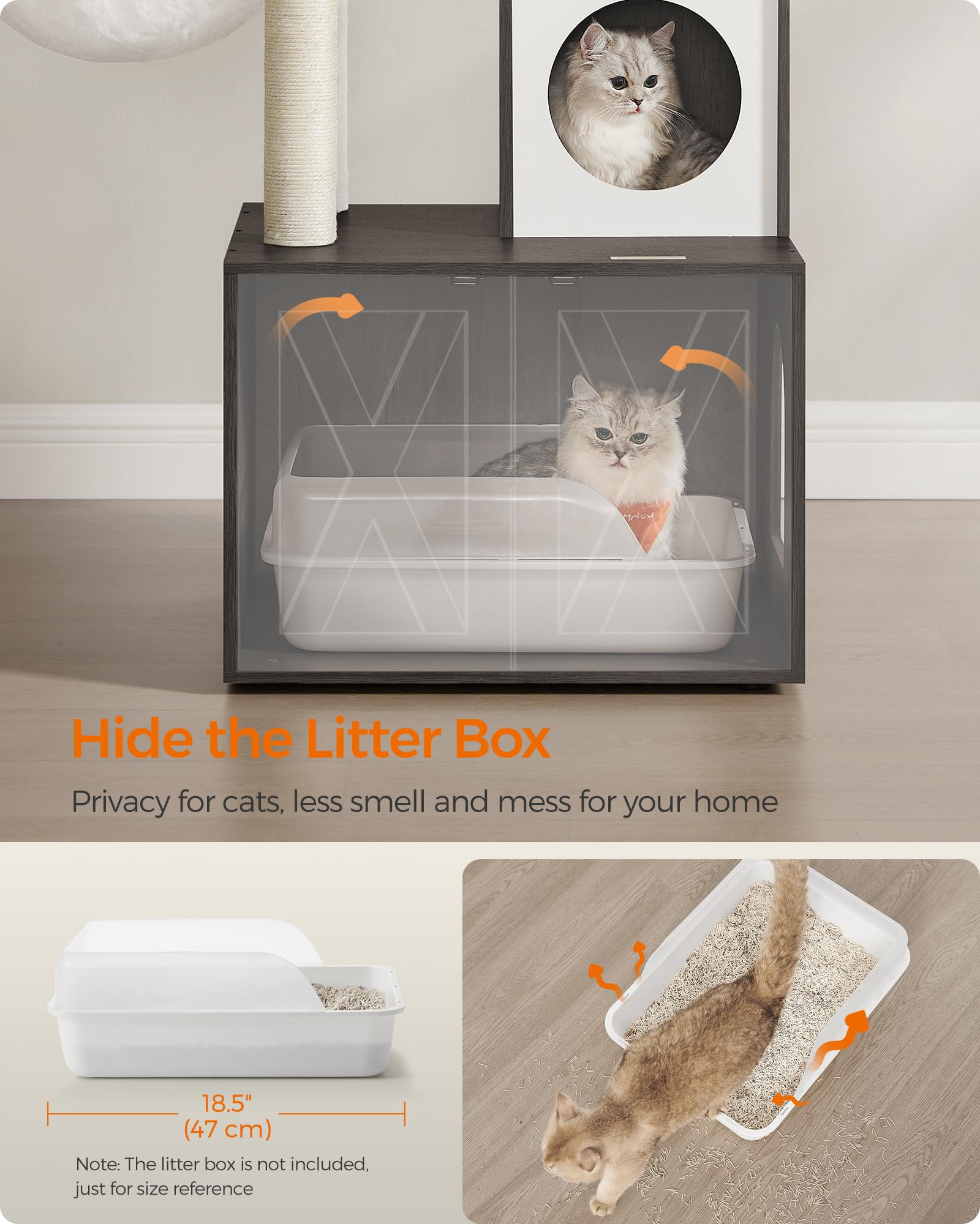 Feandrea Kratzbaum mit Katzentoilette, 150 cm, moderner Katzenturm, 2-in-1-Höhle mit Kratzstämmen, waschbares, abnehmbares Kissen, Misty Gray UPCT113G02