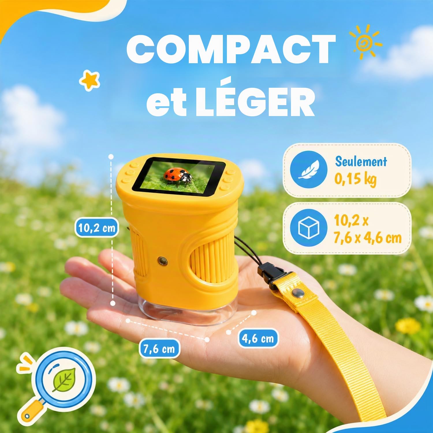 Microscope Numérique pour Enfants,1000X Mini Microscope de Poche Portabl, Éclairage 8 LED, USB Rechargeable,Cadeau de Noël et d’Anniversaire pour Enfants 3–12 Ans