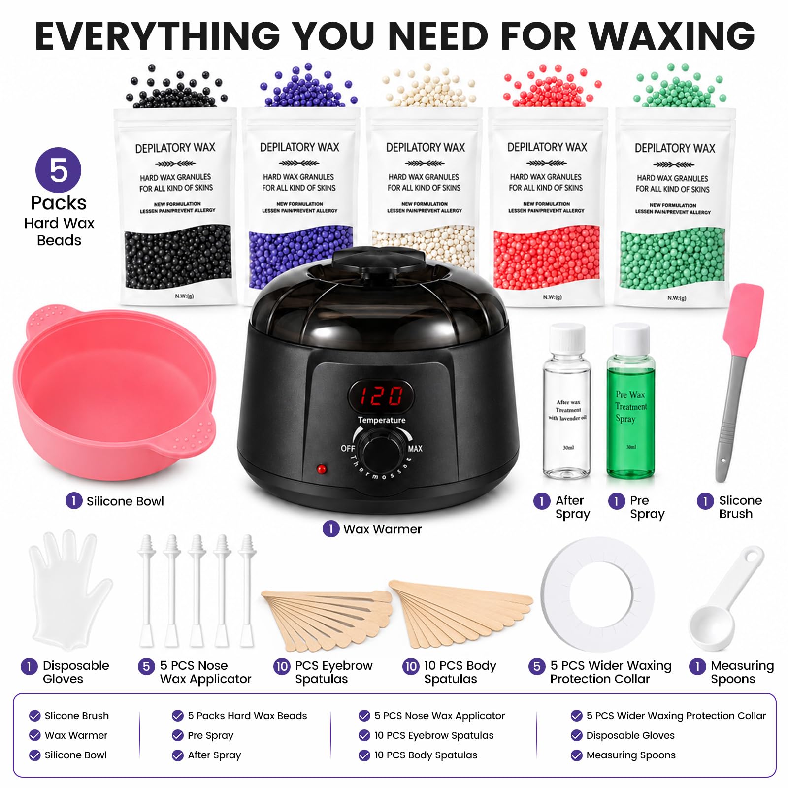 35PCS Calentador de Cera Depilatoria Maquina Cera Caliente Depilacion con Visualización Temperatura en Casa Calentador Cera Depilatoria para Eliminar Vello Zona Intima Piernas Axilas Faciales