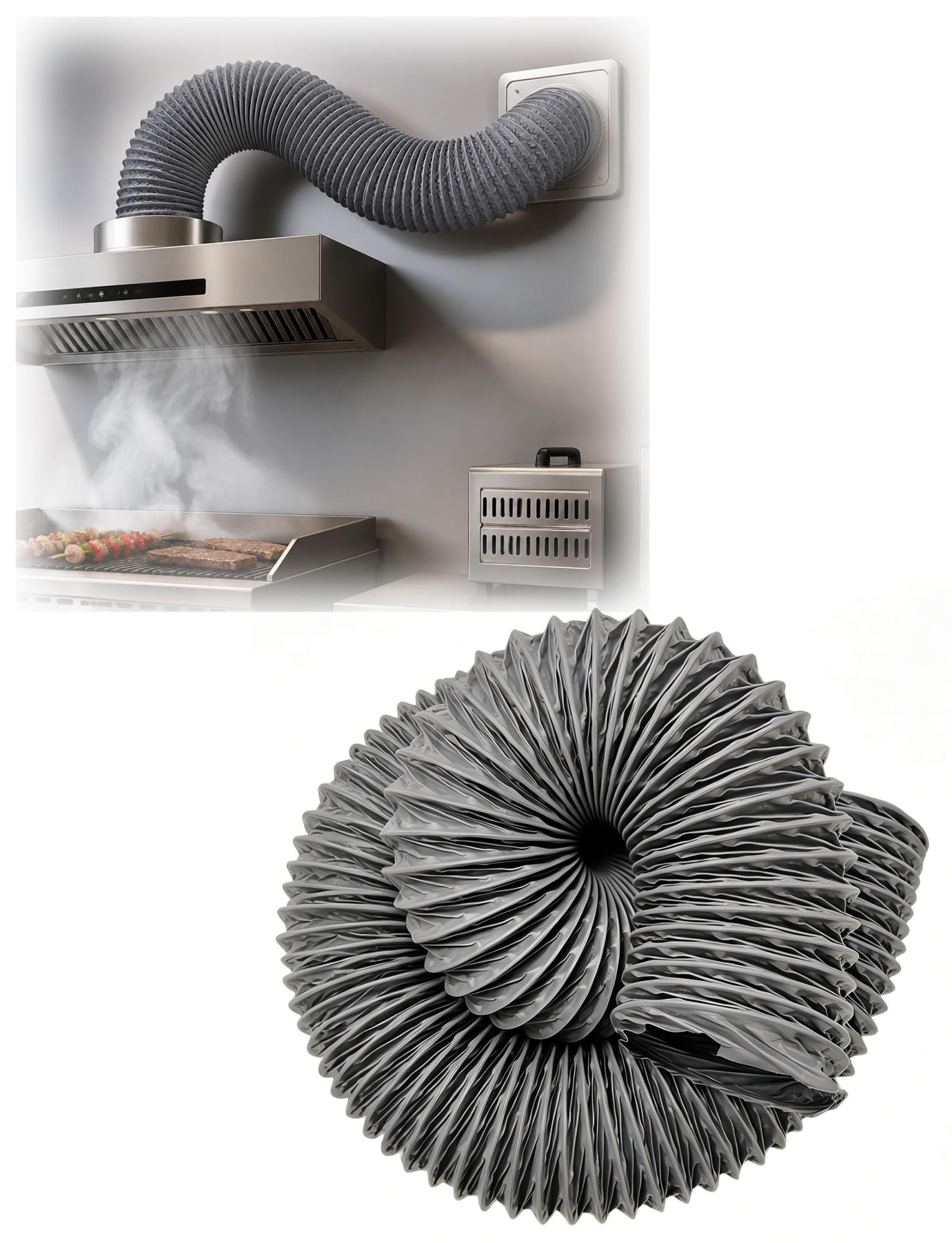 Manguera flexible de nylon reforzado, resistente al calor, tubería de ventilación gris de PVC para campana extractora, extensible y plegable(76mmx9 meters)