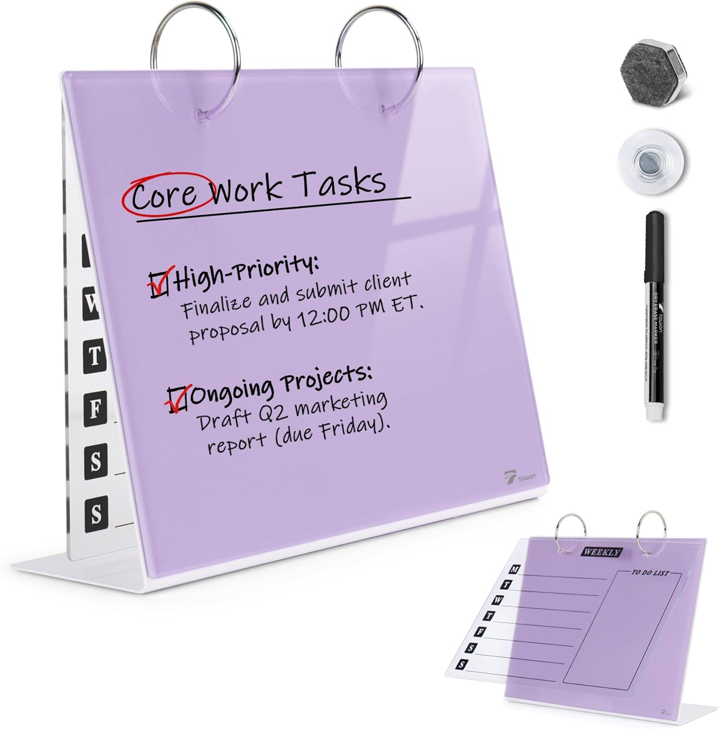 Desktop Glass Dry Erase & Acrylic Aesthetic Desk Calendar Weekly To-do List Combo, Small Magnetic Standing Whiteboard, Desk Flip Easel Calendar with Accessories for Home Office Supply, Purple, 9 x 7'