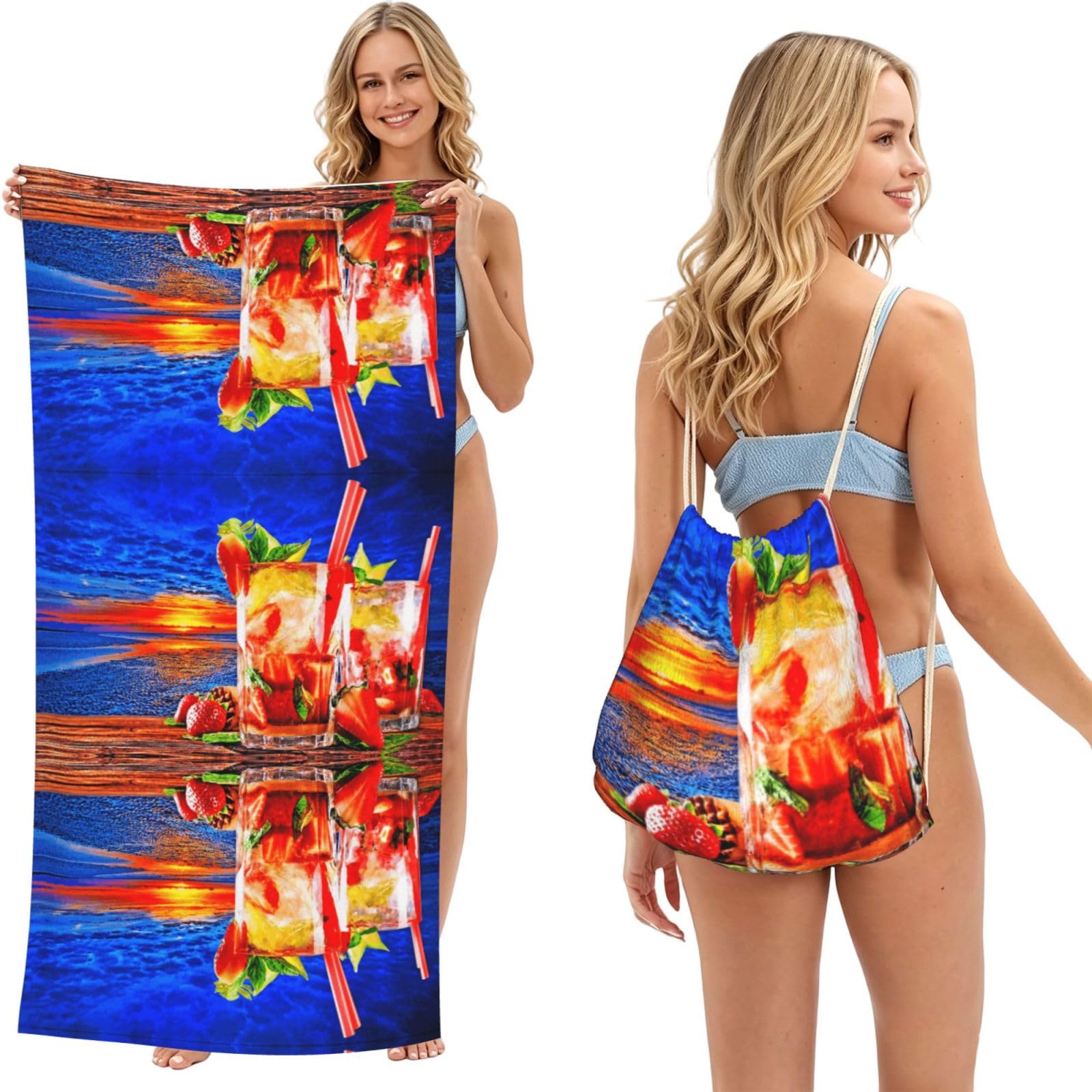 SATUSA Tropical Beach Print 2-In-1 Foldable Beach Towel Backpack – Camping, Yoga And Travel,Bath Towel With Built-In Storage, Convertible Beach Mat & Carry Bag